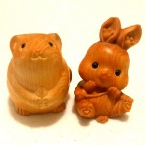 🇨🇳🪵🐭🐰Chinese Wooden Small Pet Figurines Mouse Bunny Rabbit